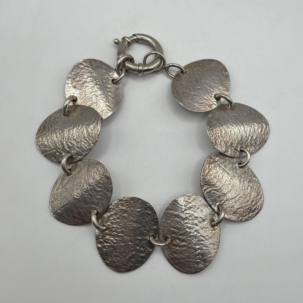 925 Sterling Silver Hammered Disc Link Bracelet Textured Hand Engraved 7.5"